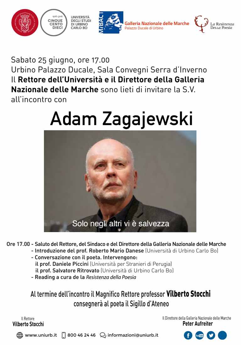 UniUrb: il Sigillo di Ateneo al grande poeta Adam Zagajewski