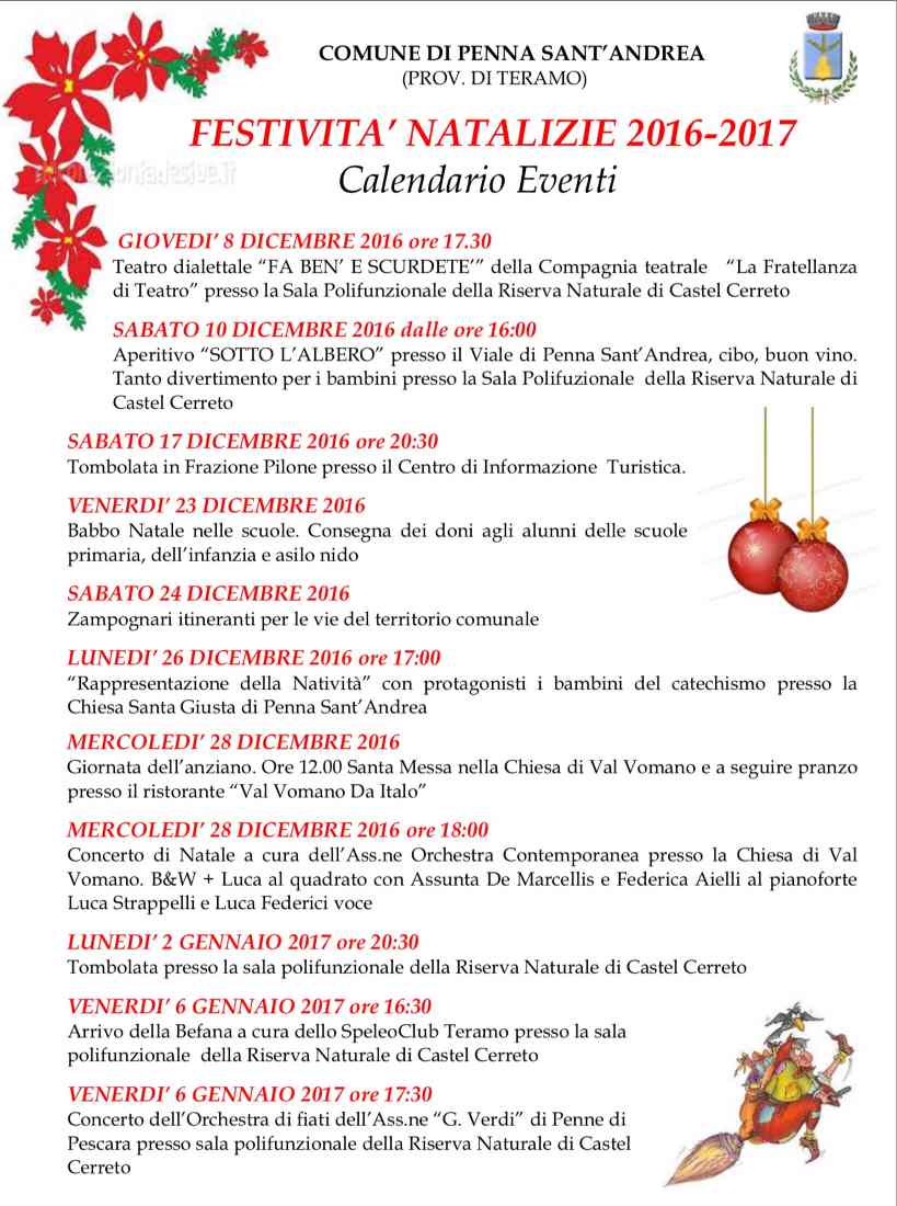 Penna Sant’Andrea, calendario eventi festività natalizie