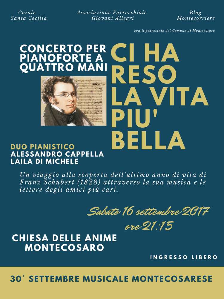 Concerto per pianoforte a quattro mani dedicato a Schubert nella chiesa delle Anime di Montecosaro