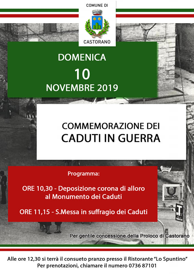 Il 10 novembre a Castorano, la Commemorazione di Caduti in Guerra