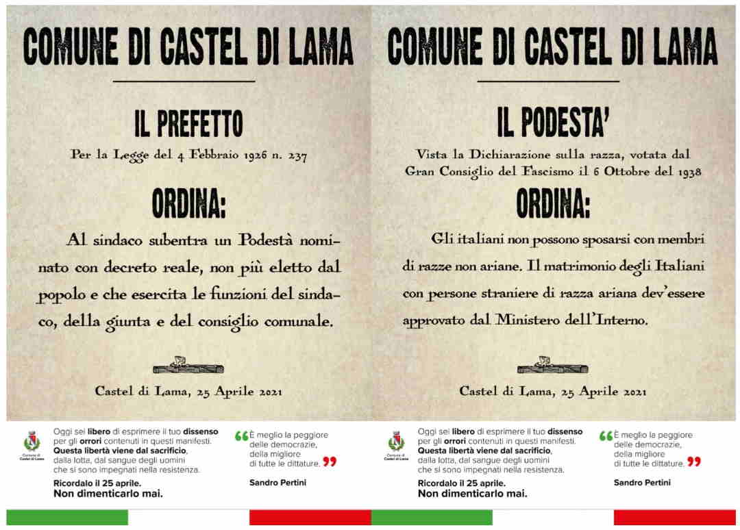 Castel di Lama: manifesti appesi in città, per non dimenticare l’importanza del 25 Aprile