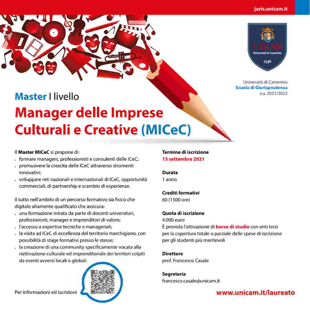Master in “Manager delle imprese culturali e creative” attivato dalla Scuola di Giurisprudenza di UniCam