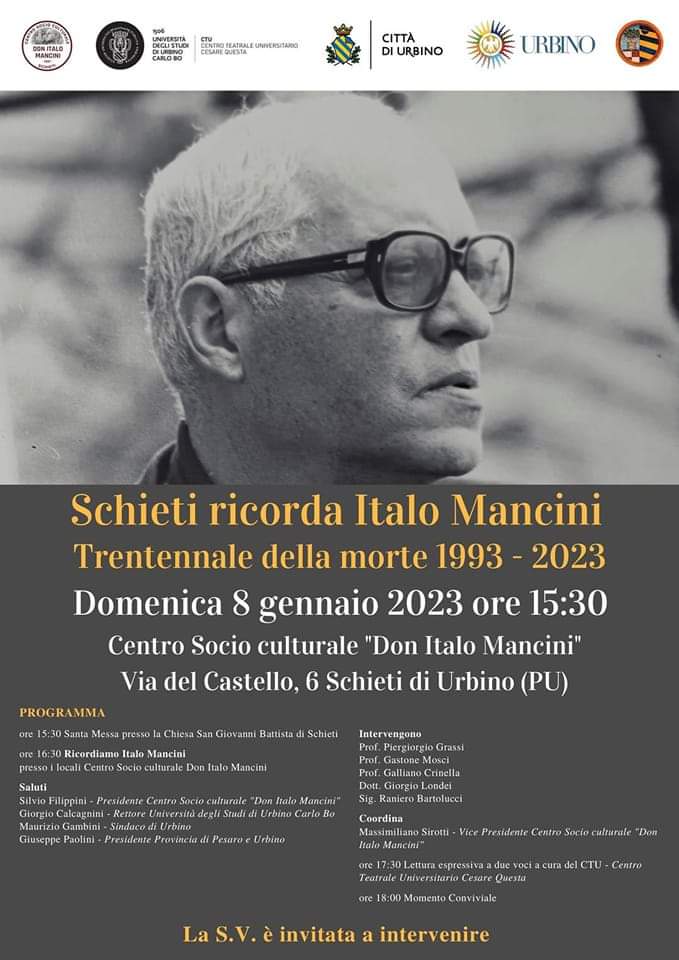 UniUrb, Domenica 8 gennaio a Schieti il ricordo di Italo Mancini