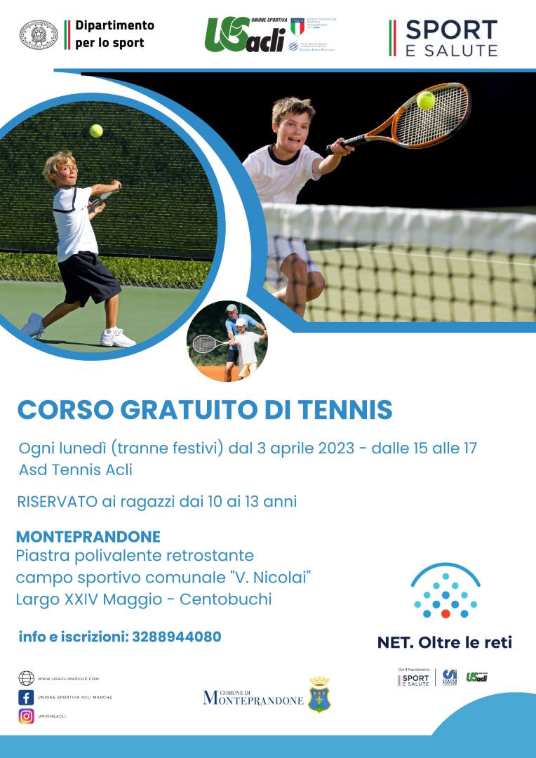 A Monteprandone un  corso gratuito di Tennis per ragazzi dai 10 ai 13 anni