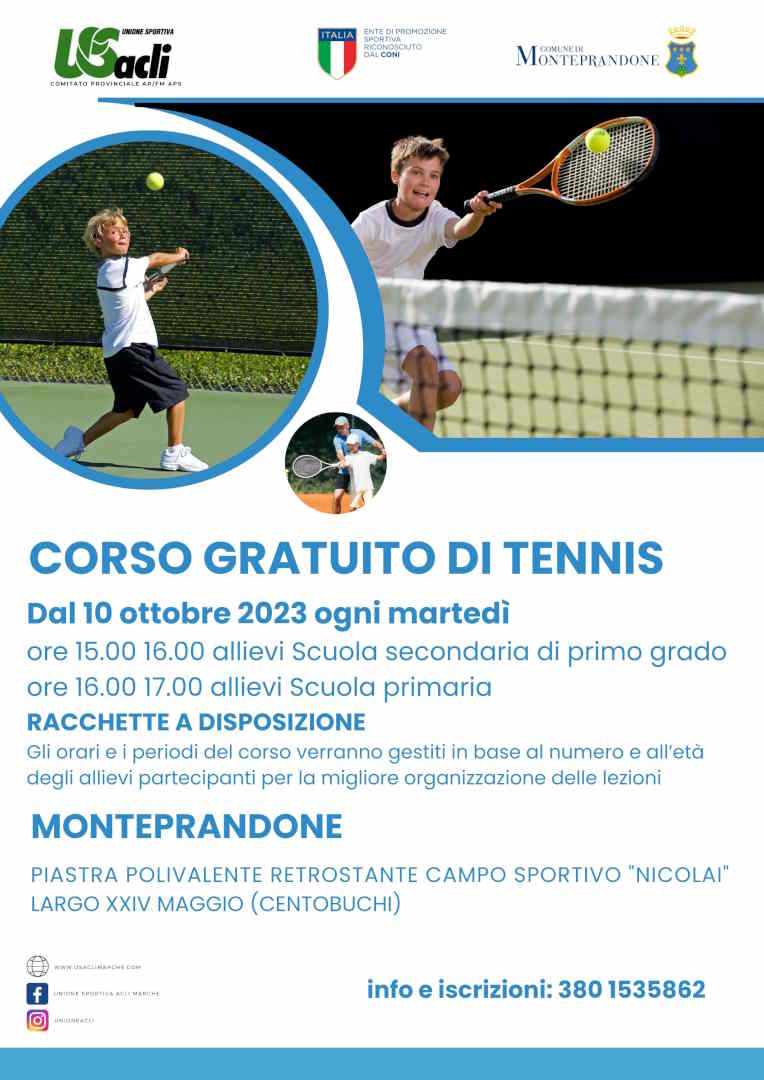 A Monteprandone un corso gratuito di tennis per ragazzi