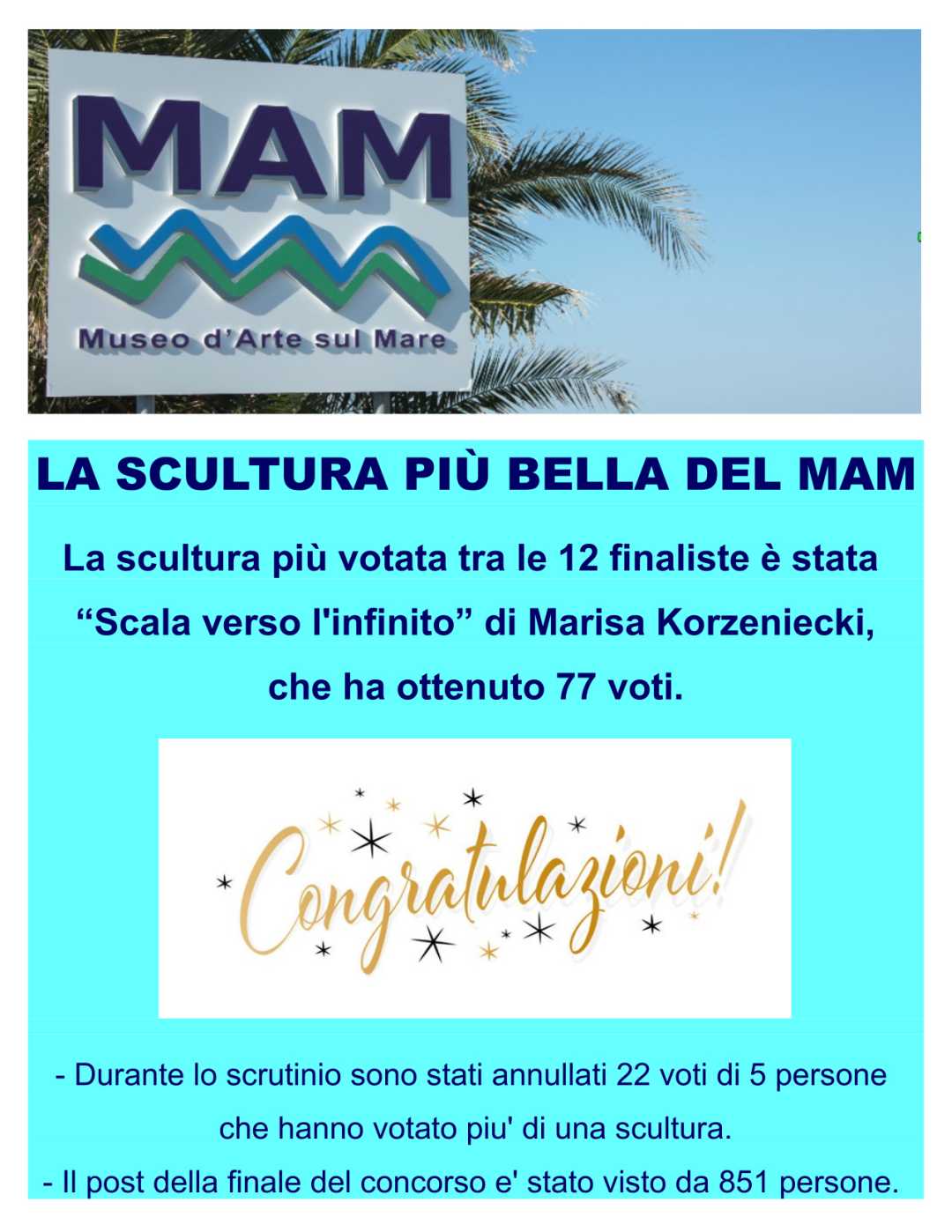 Marisa Korzeniecki, ‘Scala verso l’infinito’ proclamata scultura più bella del Mam, Museo d’Arte sul Mare