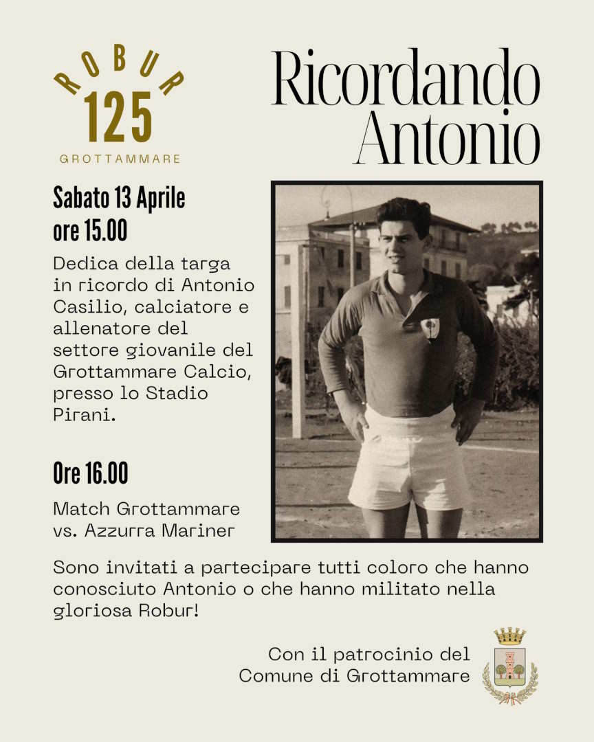 Una targa per ricordare Antonio Casilio e celebrare il suo impegno per il Grottammare Calcio e la comunità.